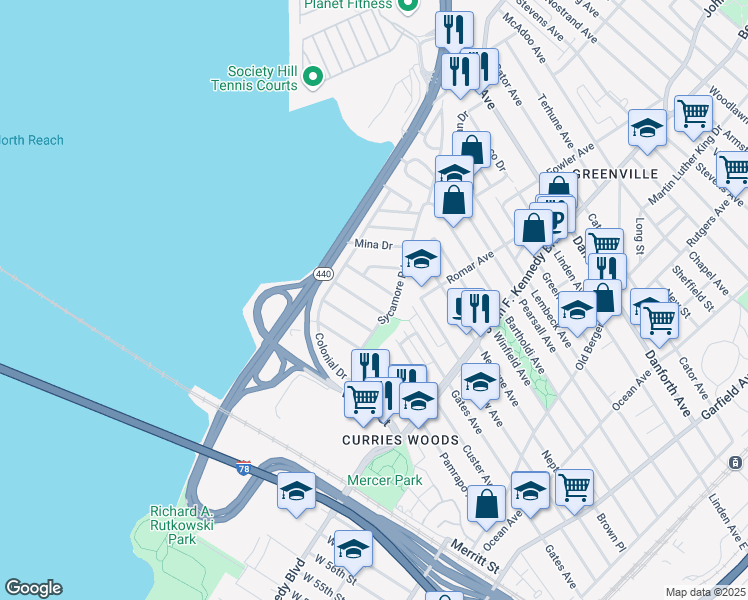map of restaurants, bars, coffee shops, grocery stores, and more near 19 Exeter Road in Jersey City