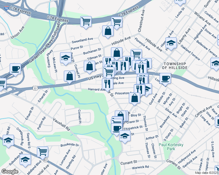 map of restaurants, bars, coffee shops, grocery stores, and more near 428 Yale Avenue in Hillside