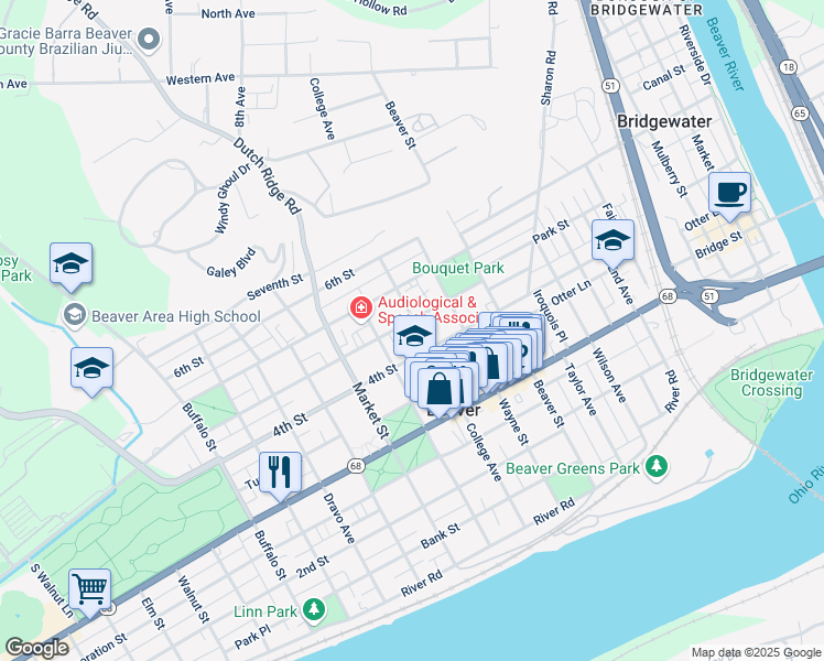 map of restaurants, bars, coffee shops, grocery stores, and more near 610 Canal Street in Beaver