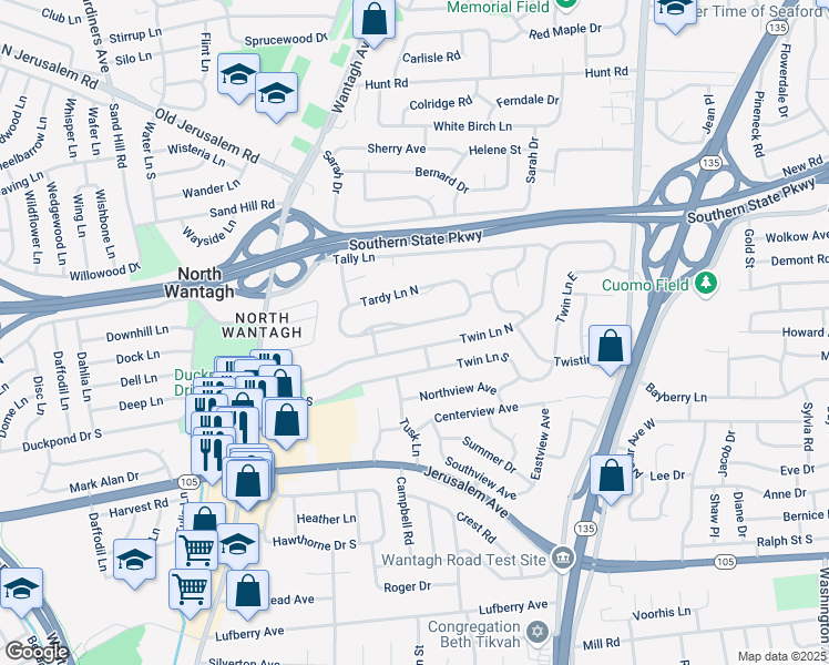 map of restaurants, bars, coffee shops, grocery stores, and more near 148 Tardy Lane South in Wantagh