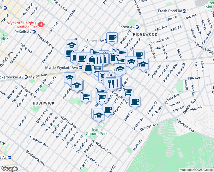map of restaurants, bars, coffee shops, grocery stores, and more near in Queens