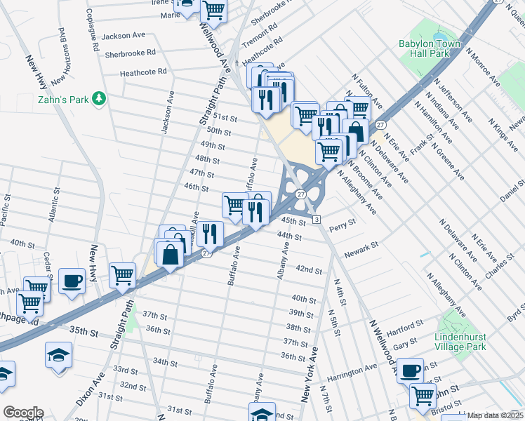 map of restaurants, bars, coffee shops, grocery stores, and more near 140 45th Street in Lindenhurst