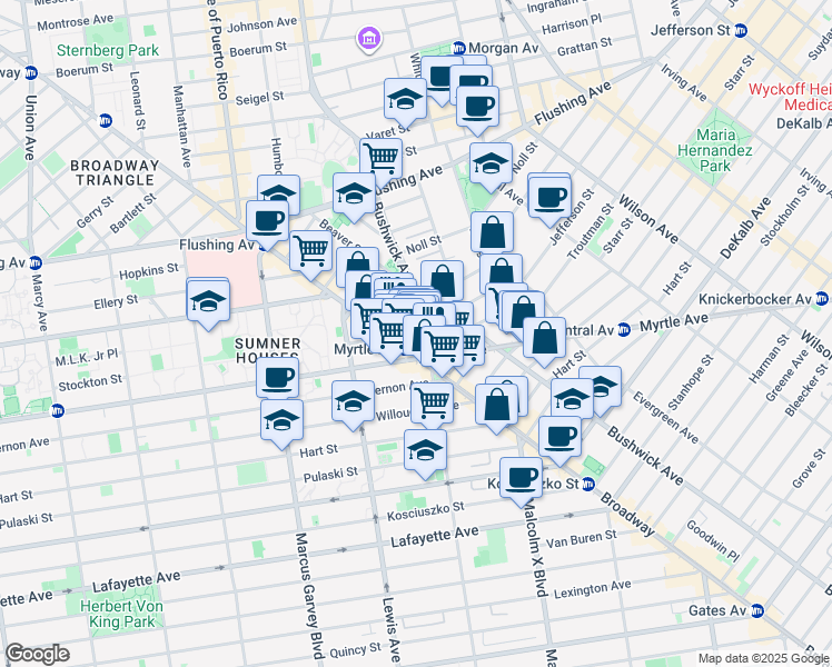 map of restaurants, bars, coffee shops, grocery stores, and more near 34 Melrose Street in Brooklyn