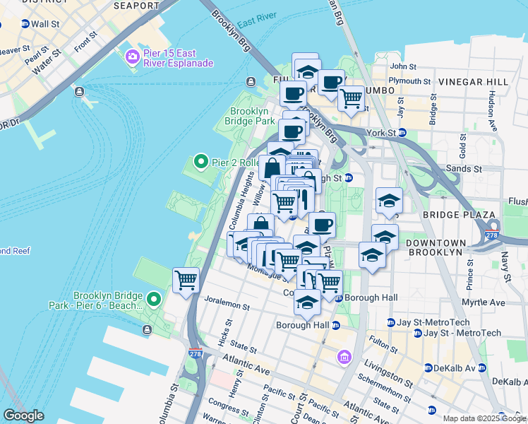 map of restaurants, bars, coffee shops, grocery stores, and more near 25 Clark Street in Brooklyn