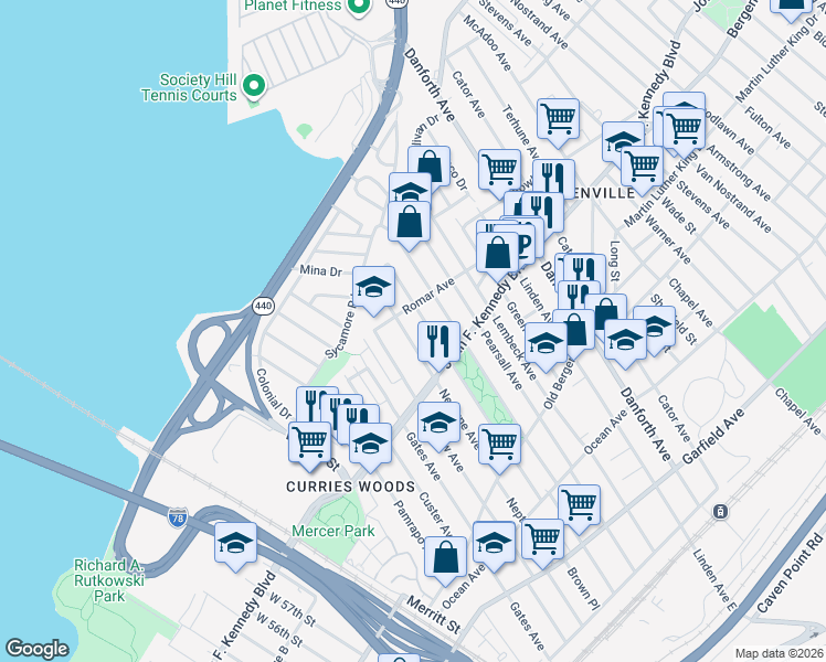 map of restaurants, bars, coffee shops, grocery stores, and more near 274 Winfield Avenue in Jersey City