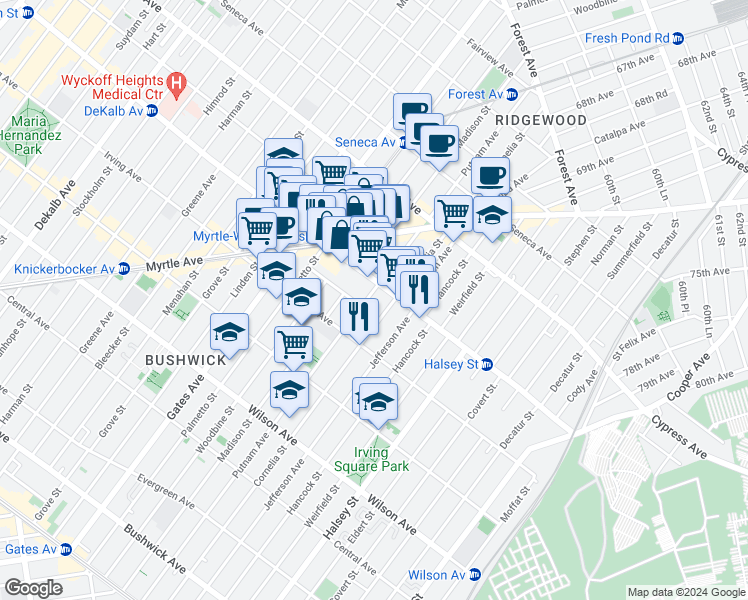 map of restaurants, bars, coffee shops, grocery stores, and more near 1530 Putnam Avenue in Brooklyn