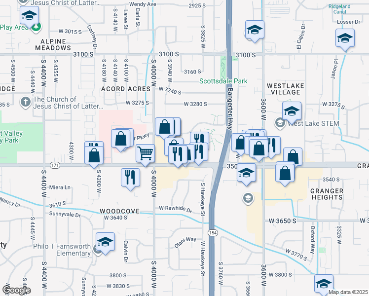 map of restaurants, bars, coffee shops, grocery stores, and more near 3927 Rockwood Way in West Valley City