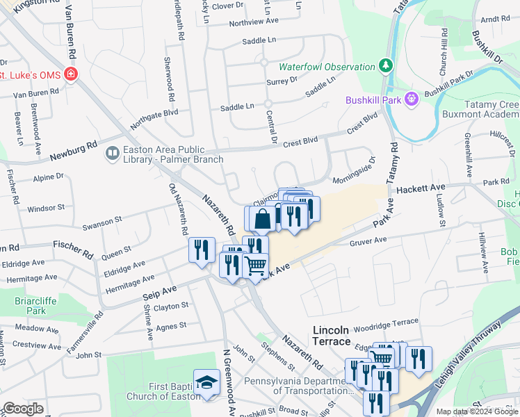 map of restaurants, bars, coffee shops, grocery stores, and more near 42 Clairmont Avenue in Easton