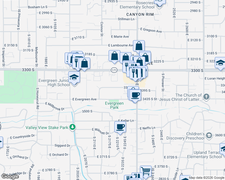 map of restaurants, bars, coffee shops, grocery stores, and more near 2192 3380 South in Salt Lake City