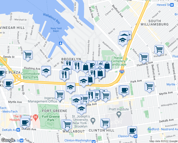 map of restaurants, bars, coffee shops, grocery stores, and more near 196 Flushing Ave in Brooklyn