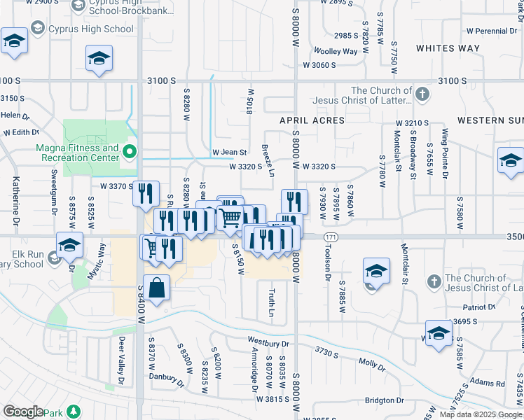 map of restaurants, bars, coffee shops, grocery stores, and more near 8071 Copperfield Place in Magna