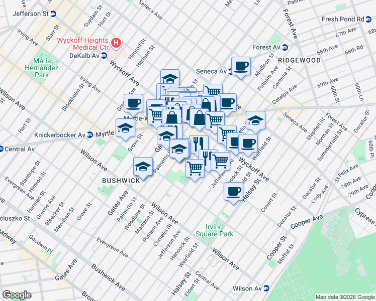 map of restaurants, bars, coffee shops, grocery stores, and more near 15 Ridgewood Place in Brooklyn