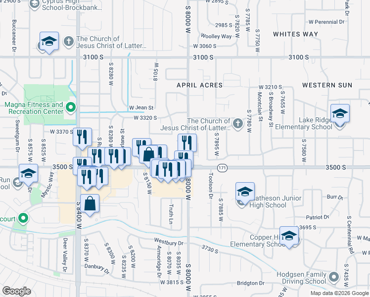 map of restaurants, bars, coffee shops, grocery stores, and more near 3450 South 8000 West in Magna