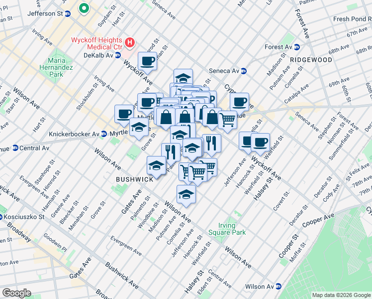 map of restaurants, bars, coffee shops, grocery stores, and more near 351 Irving Avenue in Brooklyn