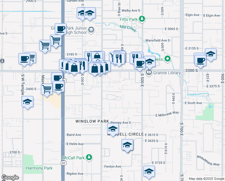 map of restaurants, bars, coffee shops, grocery stores, and more near 353 East Newsome Park Lane in South Salt Lake