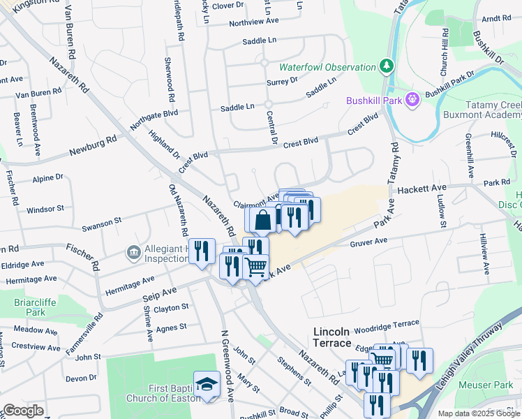 map of restaurants, bars, coffee shops, grocery stores, and more near 42 Clairmont Avenue in Easton