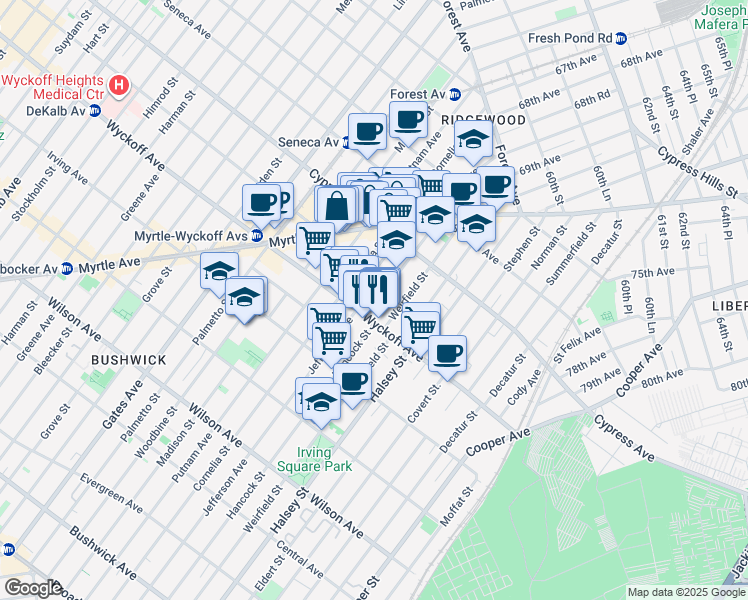 map of restaurants, bars, coffee shops, grocery stores, and more near 16-17 Hancock Street in Queens