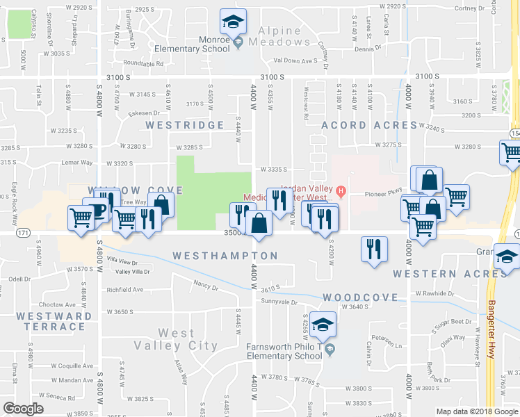 map of restaurants, bars, coffee shops, grocery stores, and more near 3451 4400 west in West Valley City