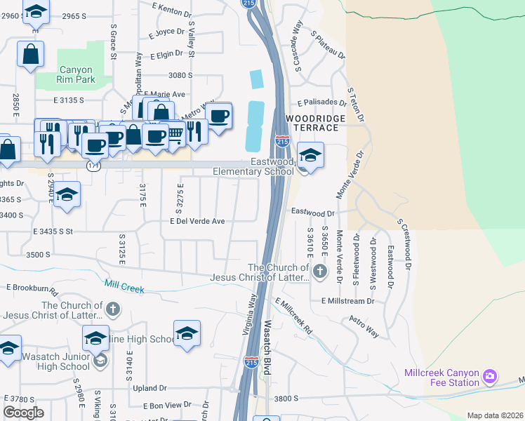 map of restaurants, bars, coffee shops, grocery stores, and more near 3387 South La Mesa Road in Salt Lake City