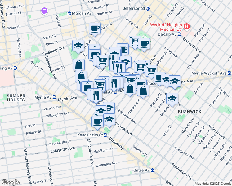 map of restaurants, bars, coffee shops, grocery stores, and more near 1248 Myrtle Avenue in Brooklyn