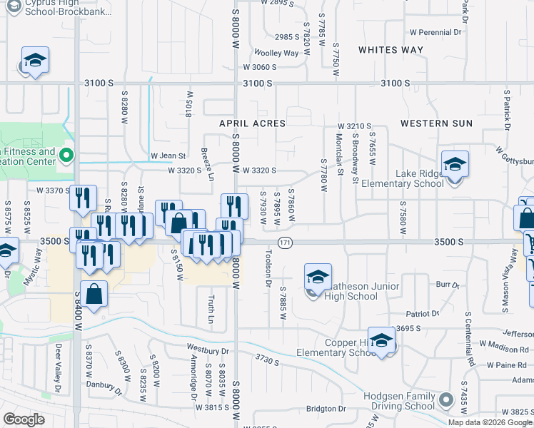map of restaurants, bars, coffee shops, grocery stores, and more near 3422 South 7895 West in Magna