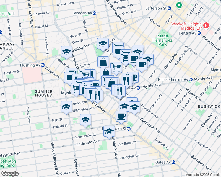 map of restaurants, bars, coffee shops, grocery stores, and more near 42 1/2 Troutman Street in Brooklyn