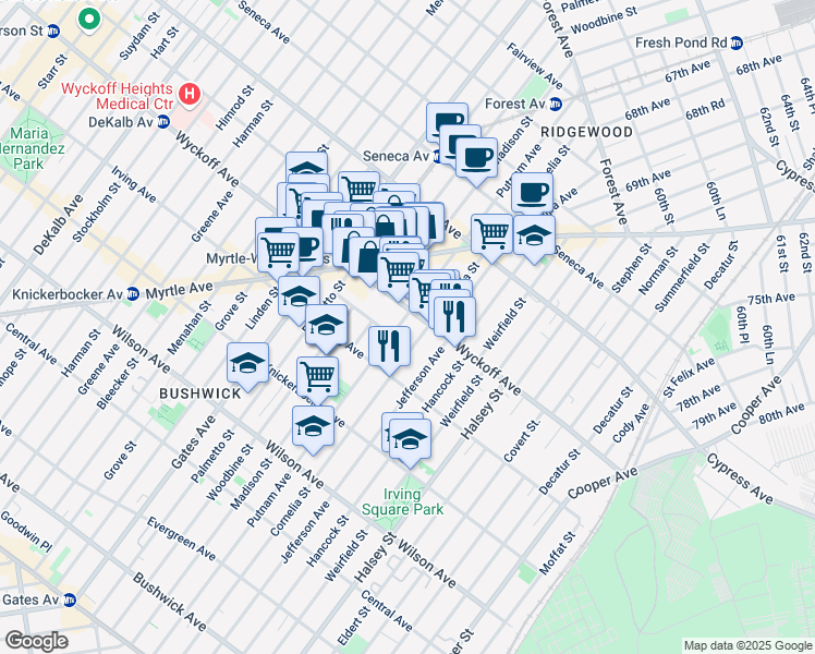 map of restaurants, bars, coffee shops, grocery stores, and more near 1534 Putnam Avenue in Brooklyn