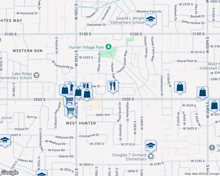 map of restaurants, bars, coffee shops, grocery stores, and more near 6986 West Harlech Lane in West Valley City