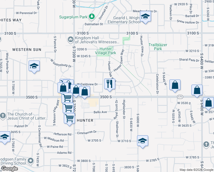 map of restaurants, bars, coffee shops, grocery stores, and more near 6986 West Harlech Lane in West Valley City