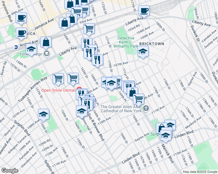 map of restaurants, bars, coffee shops, grocery stores, and more near 108-20 Merrick Boulevard in Queens