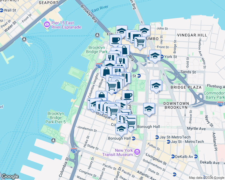 map of restaurants, bars, coffee shops, grocery stores, and more near 59 Clark Street in Brooklyn