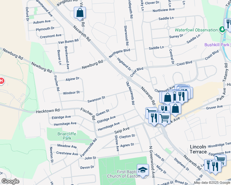 map of restaurants, bars, coffee shops, grocery stores, and more near 2701 Swanson Street in Easton