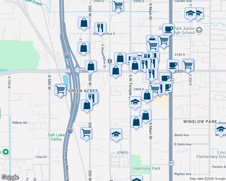 map of restaurants, bars, coffee shops, grocery stores, and more near 3387 Kinnell Drive in South Salt Lake