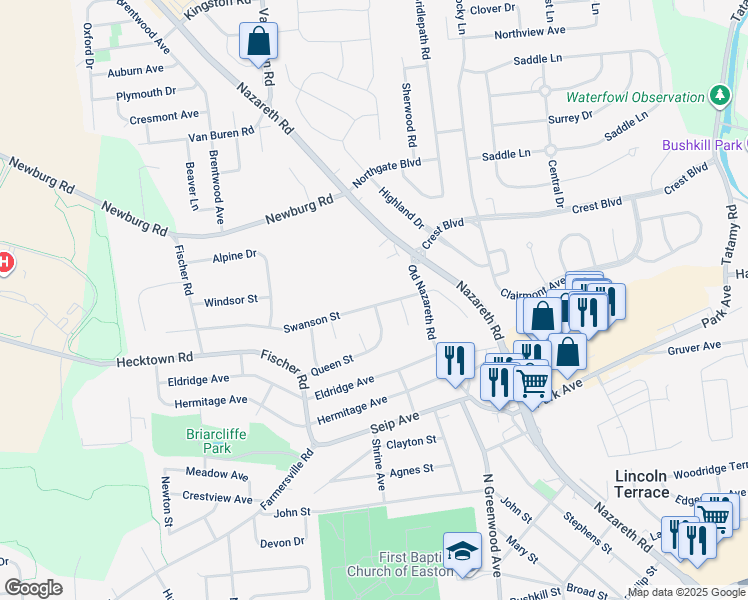 map of restaurants, bars, coffee shops, grocery stores, and more near 2701 Swanson Street in Easton