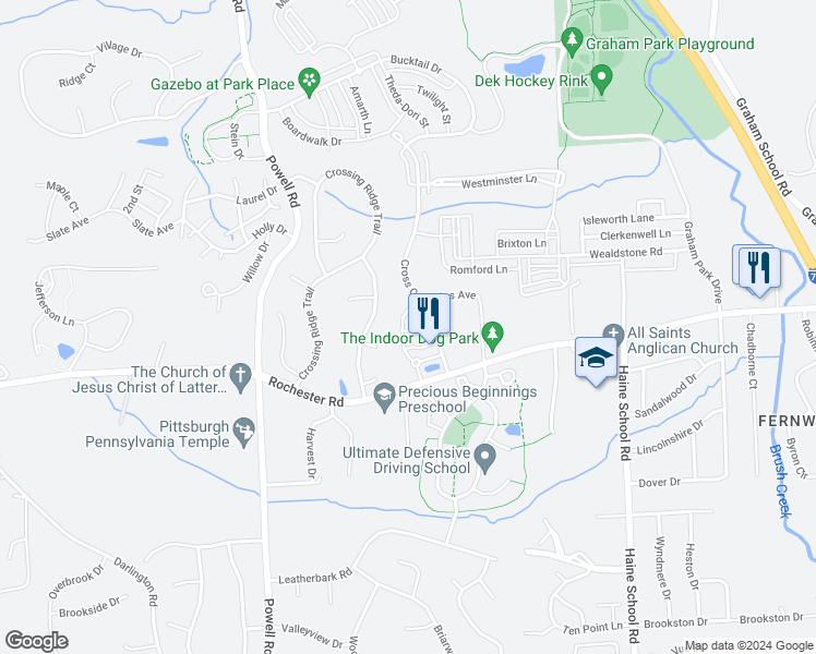 map of restaurants, bars, coffee shops, grocery stores, and more near 303 Courage Lane in Cranberry Township