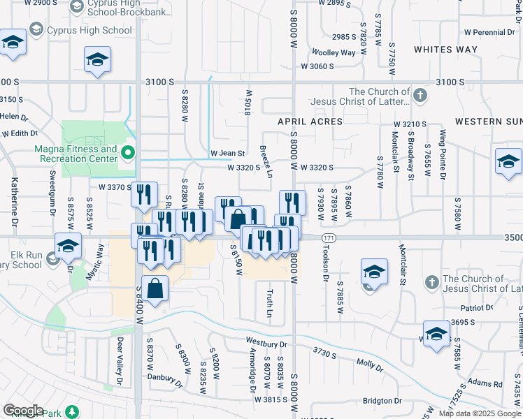 map of restaurants, bars, coffee shops, grocery stores, and more near 8077 Copperfield Place in Magna