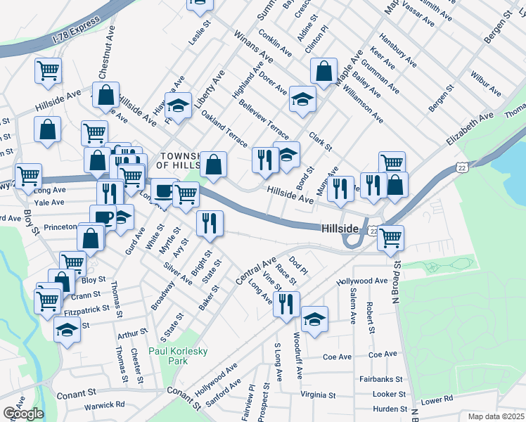 map of restaurants, bars, coffee shops, grocery stores, and more near 169 U.S. 22 in Hillside