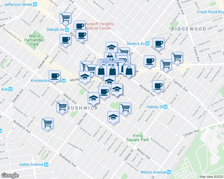 map of restaurants, bars, coffee shops, grocery stores, and more near 335 Palmetto Street in Brooklyn