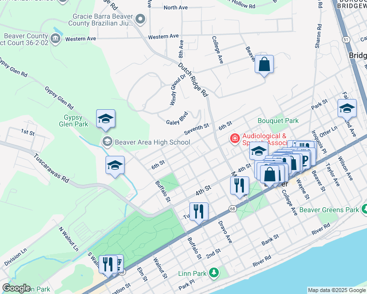 map of restaurants, bars, coffee shops, grocery stores, and more near 980 6th Street in Beaver