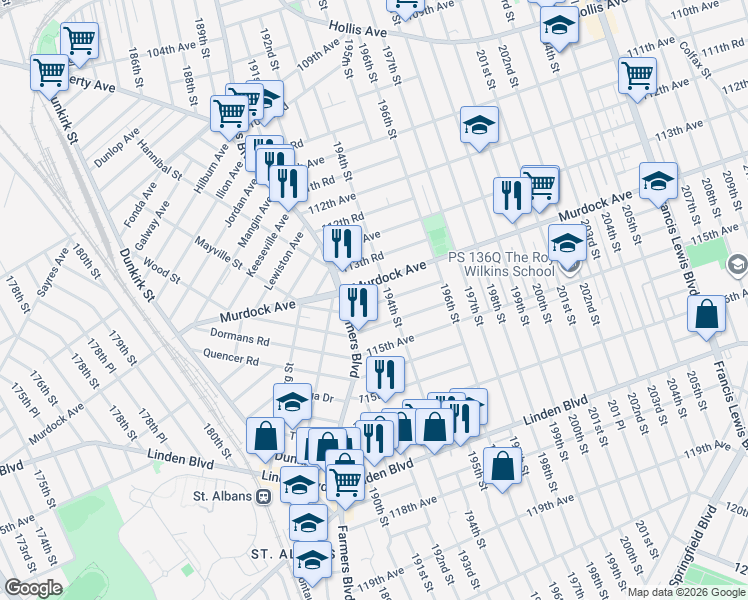 map of restaurants, bars, coffee shops, grocery stores, and more near 114-27 Farmers Boulevard in Queens