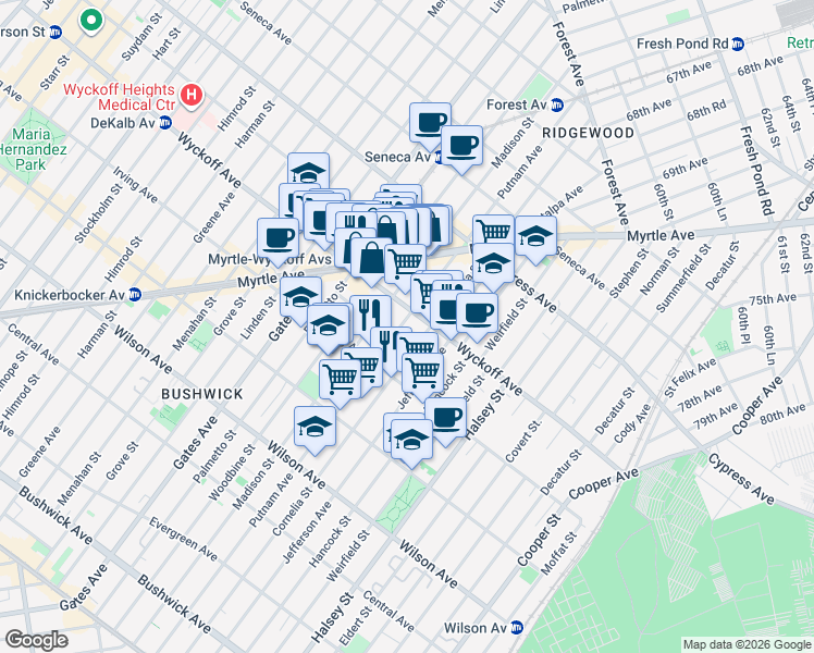 map of restaurants, bars, coffee shops, grocery stores, and more near in Brooklyn