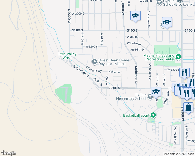 map of restaurants, bars, coffee shops, grocery stores, and more near 3443 Pyrite Drive in Magna