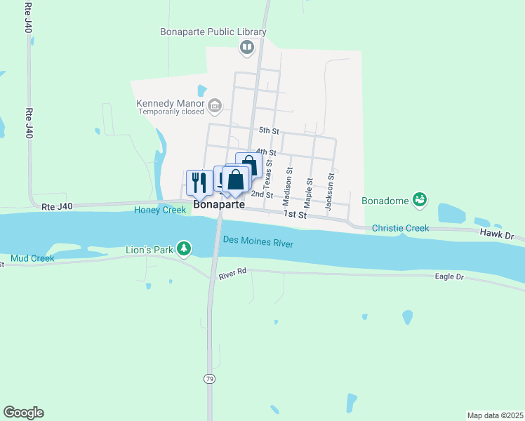 map of restaurants, bars, coffee shops, grocery stores, and more near 411 1st Street in Bonaparte