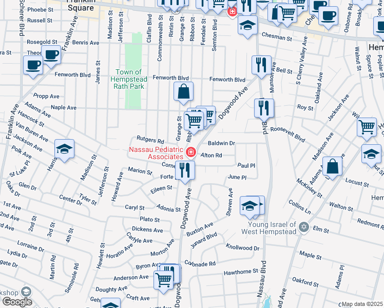 map of restaurants, bars, coffee shops, grocery stores, and more near 360 Dogwood Avenue in Franklin Square