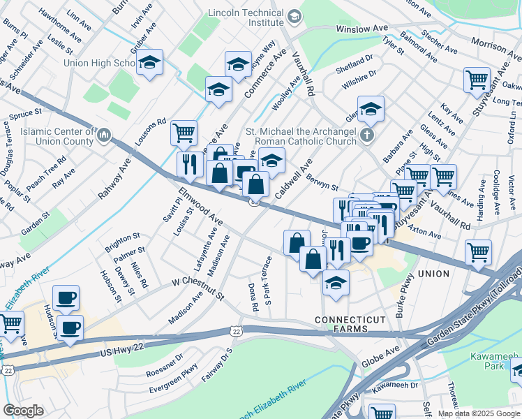 map of restaurants, bars, coffee shops, grocery stores, and more near 2156 Morris Avenue in Union