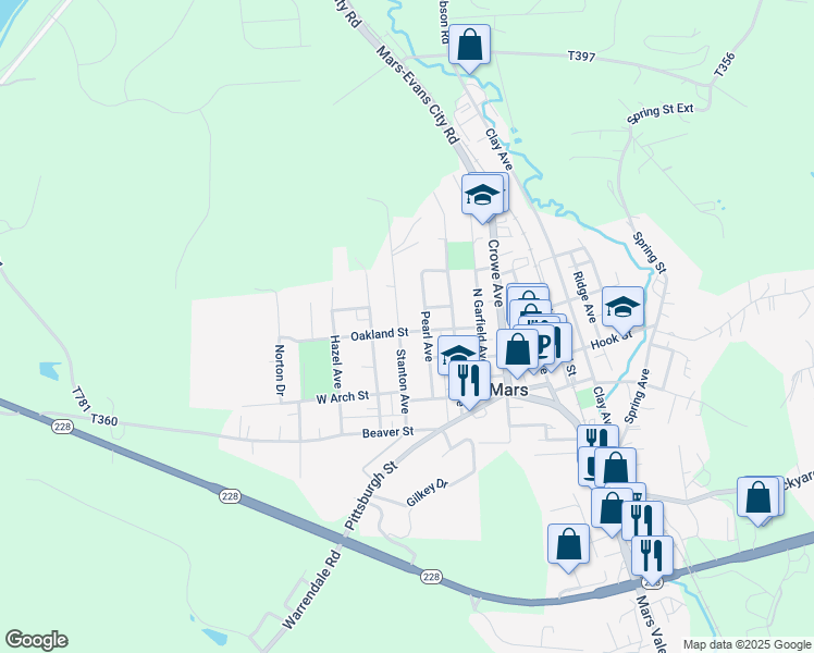 map of restaurants, bars, coffee shops, grocery stores, and more near 611 Stanton Avenue in Mars