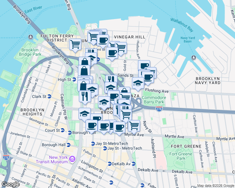 map of restaurants, bars, coffee shops, grocery stores, and more near 177 Concord Street in Brooklyn