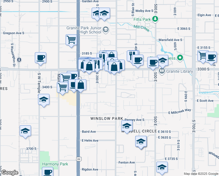 map of restaurants, bars, coffee shops, grocery stores, and more near 272 New Century Lane in South Salt Lake