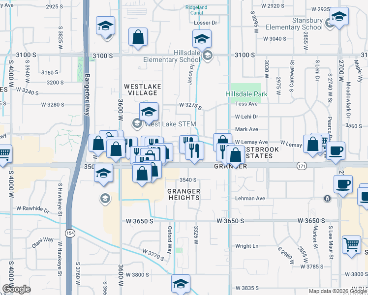 map of restaurants, bars, coffee shops, grocery stores, and more near 3427 3440 South in West Valley City