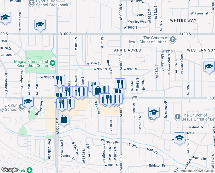 map of restaurants, bars, coffee shops, grocery stores, and more near 8082 Copperfield Place in Magna